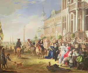 Et elegant selskab før et palads, 1668